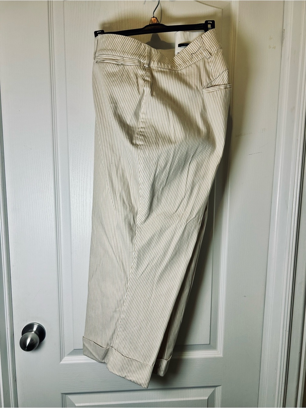 Lane Bryant Women’s Pinstriped Capris in Cream and Tan